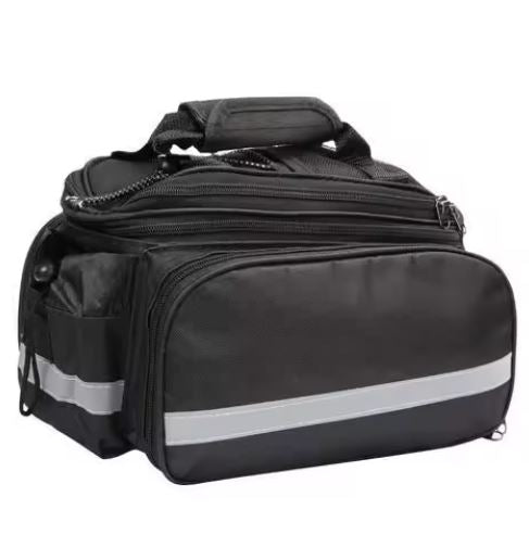 Rear Rack Trunk Bag w/ Fold-Out Panniers (3-in-1), ~27 L — Reflective, Bottle Pocket, Shoulder Strap
