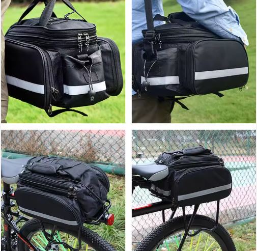 Rear Rack Trunk Bag w/ Fold-Out Panniers (3-in-1), ~27 L — Reflective, Bottle Pocket, Shoulder Strap