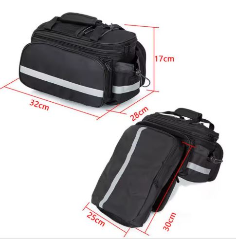 Rear Rack Trunk Bag w/ Fold-Out Panniers (3-in-1), ~27 L — Reflective, Bottle Pocket, Shoulder Strap
