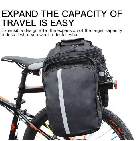 Rear Rack Trunk Bag w/ Fold-Out Panniers (3-in-1), ~27 L — Reflective, Bottle Pocket, Shoulder Strap