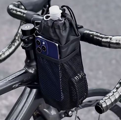 Insulated Bike Handlebar/Stem Bottle Bag — Drawstring, Phone Pocket