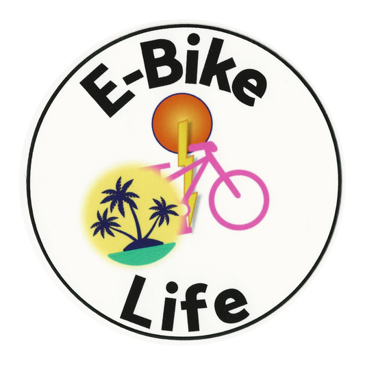 Logo with 'E-Bike Life' text, bicycle, palm trees, and sun on a white background