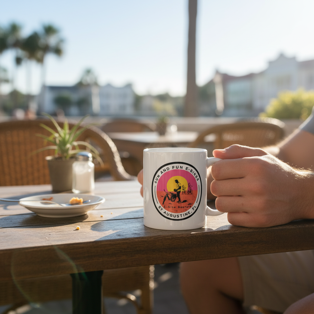 Person holding Sun and Fun E-Bikes mug