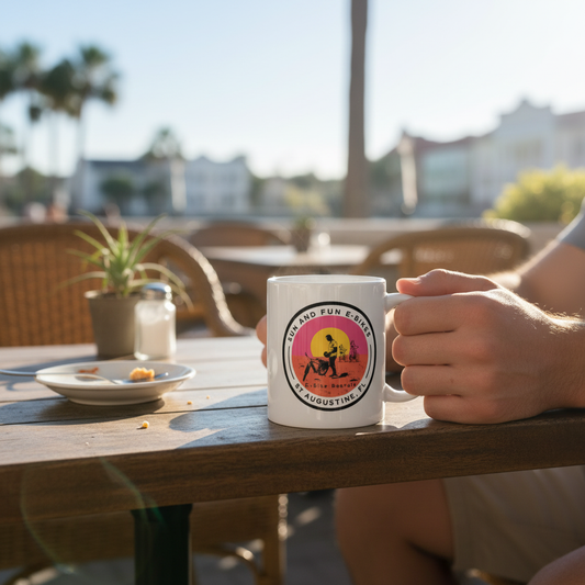 Person holding Sun and Fun E-Bikes mug